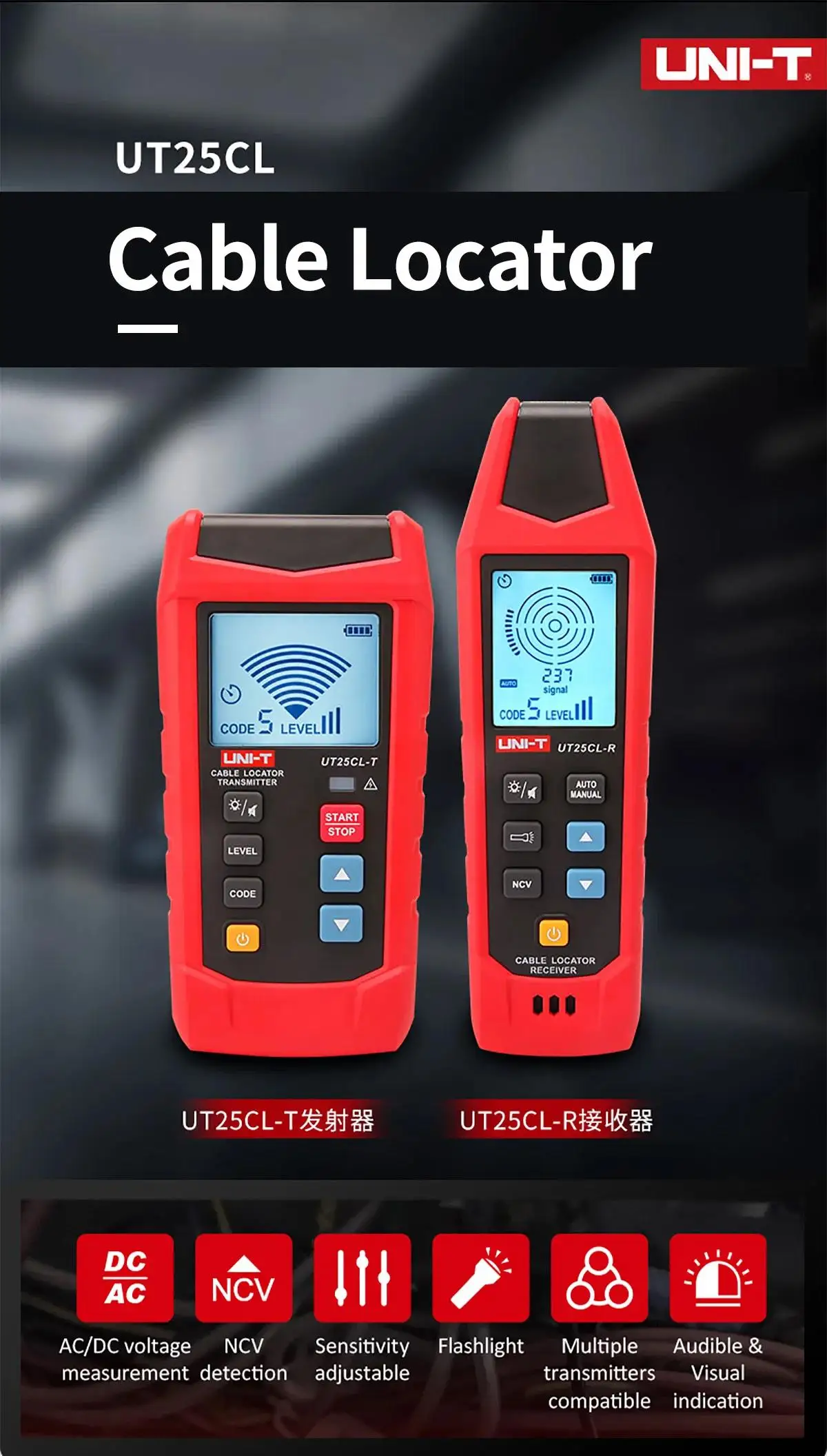 UNI-T UT25CL Handheld Cable Locator NCV Non-contact Electrical Test Electrical Safety Detector Trace Underground Cable Paths