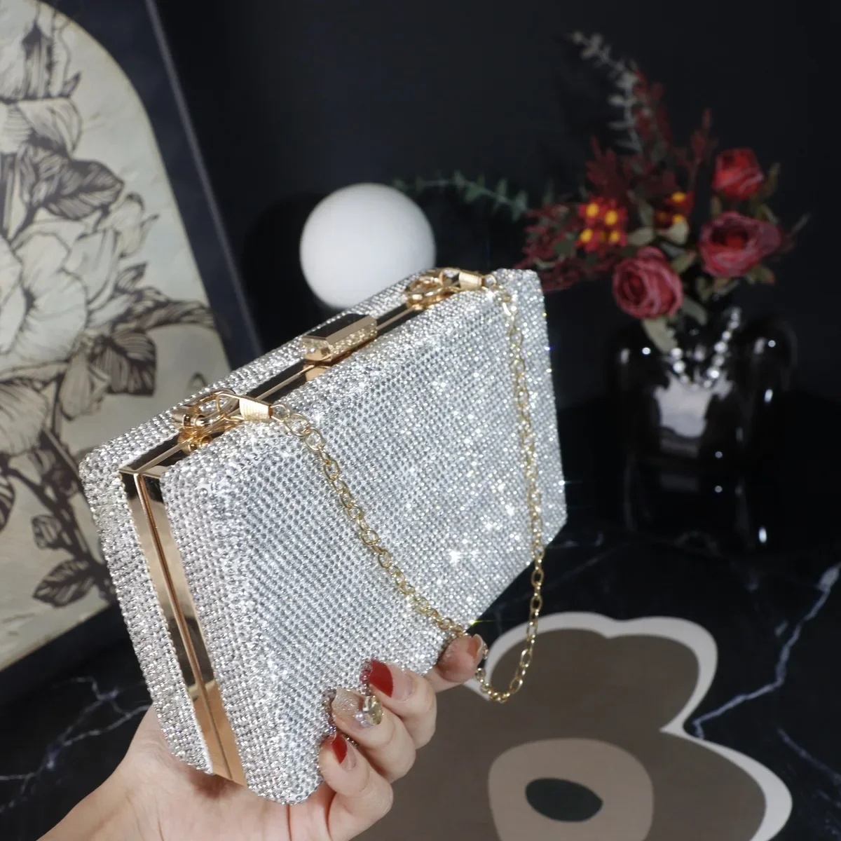 Bling Diamond Purse Elegant Sparkling Crossbody Handbag Wedding Bridal Party Evening Bag Ladies Prom Clutch Jewelry Storage Box