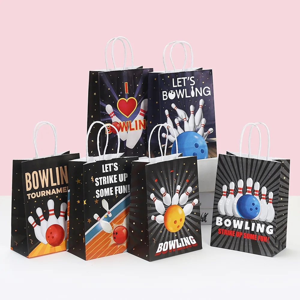 

24Pcs Black Let's Bowling Kraft Paper Gift Bag with Handles Candy Shopping Packaging Bags for Sports Birthday Party Decoration