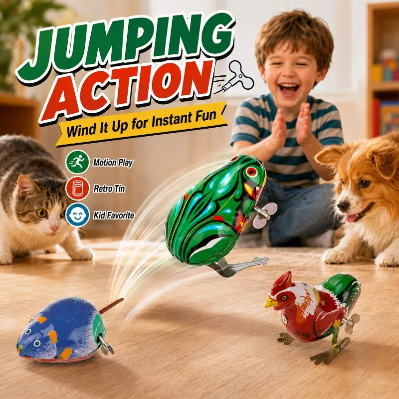Kids Favorite Classic Tin Clockwork Wind‑up Toy Jumping Frog Mouse Cock Christmas Fun Play Model Gift