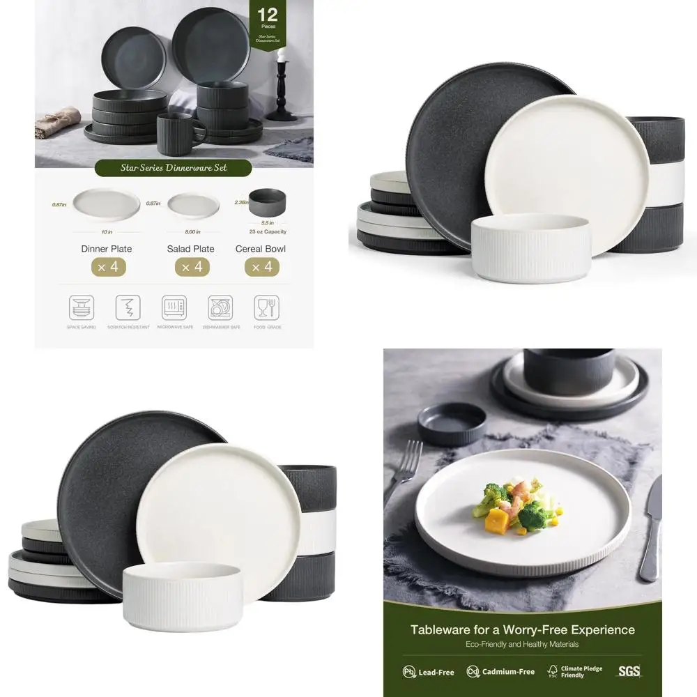 12-Piece Stoneware Dinnerware Set, Reactive Glaze Plates & Bowls, Rustic Style for Everyday Use, Microwave & Dishwasher Safe, Wh