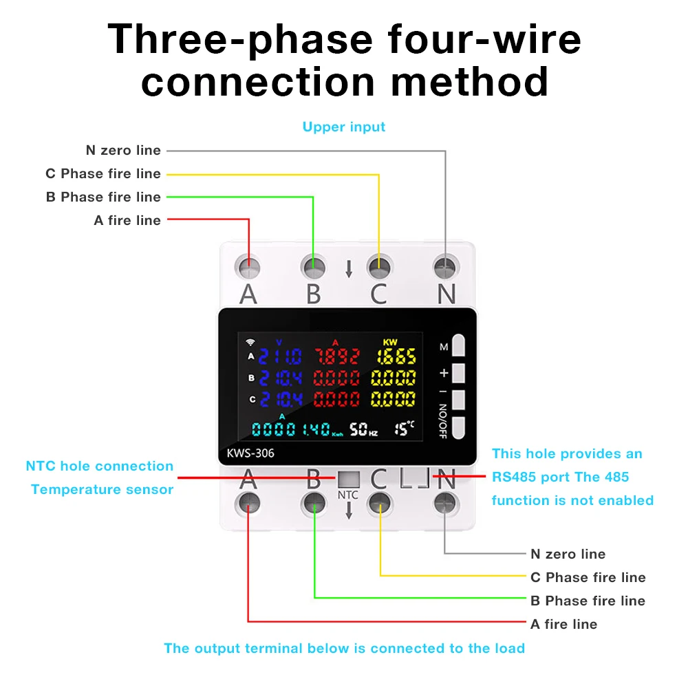 85-290V WiFi Power Meter KWS-306WF Digital Energy Tester Current Voltage Protector Relay Switch Color Screen 3P Guide Rail Table image 6