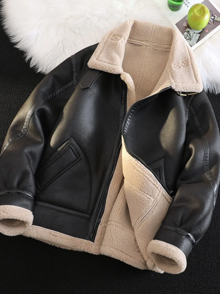 

Мужская зимняя утепленная куртка из натуральной кожи с подкладкой из овечьего меха, воротником-стойкой, повседневная, модная, городская, с длинными рукавами