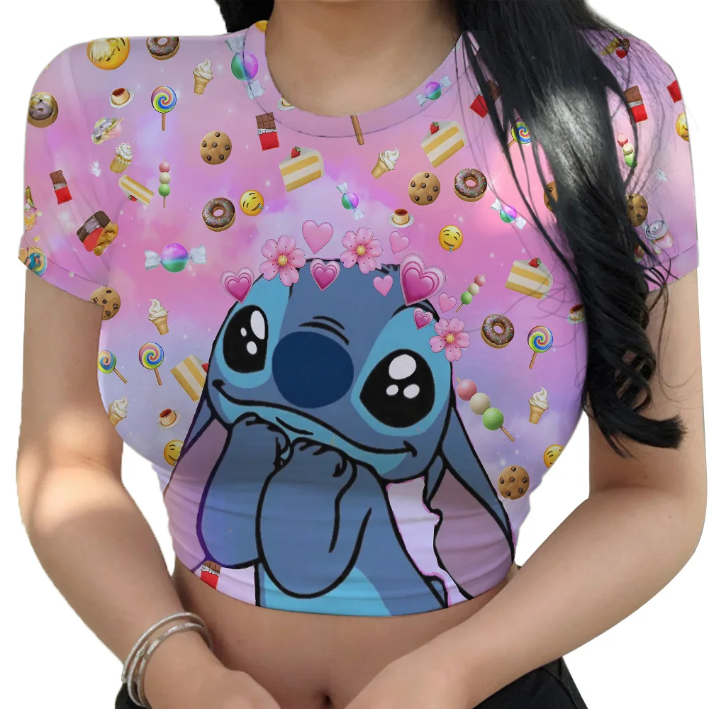 Woman Clothing Stitch Graphic T-Shirt Summer Women's Crop Top Tight Fitting Youthful Women Clothes Cartoon Short Sleeve T shirts