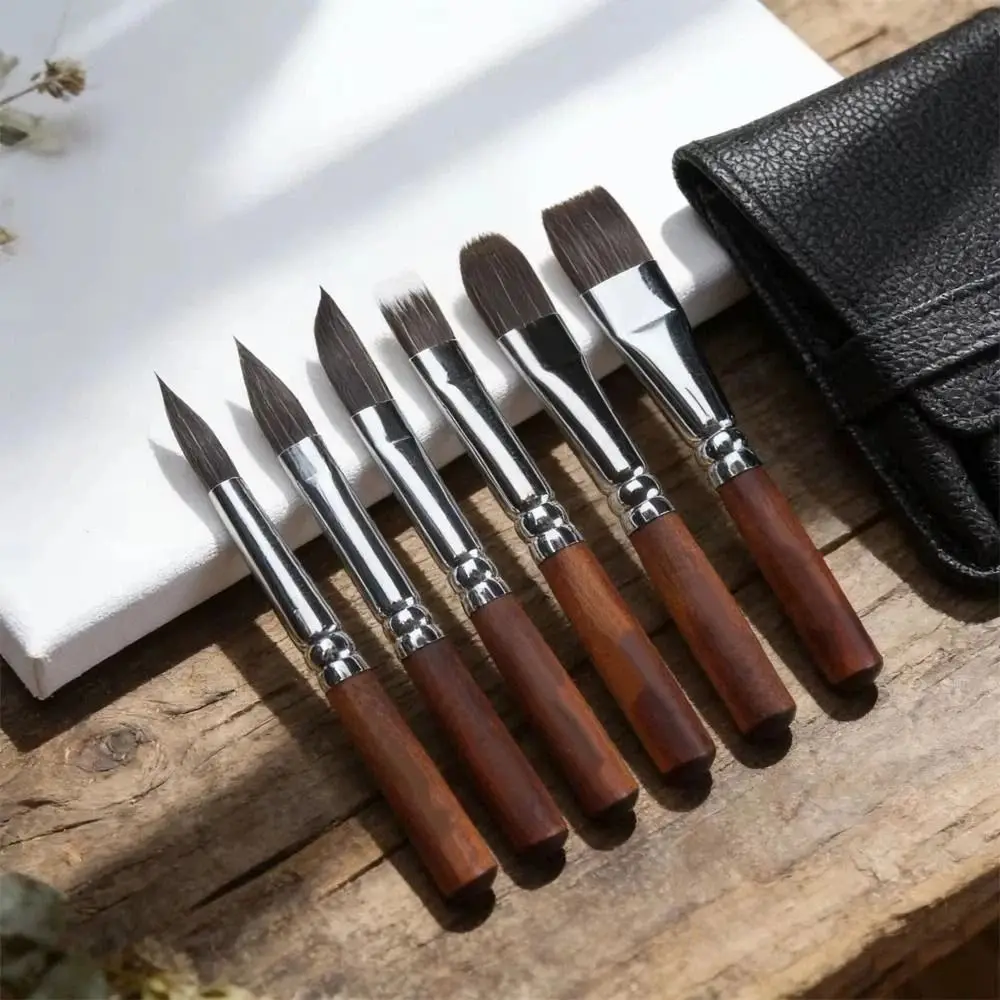 6Pcs/set Short Handle Travel Watercolor Brushes Nylon Hair Wooden Handle Paint Brush Set Portable Professional Artist Brush Set