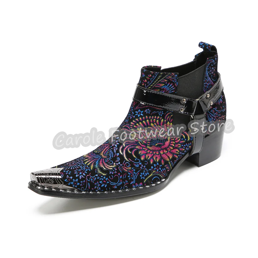 

Ethnic Flowers Embroidery High Top Belt Buckle Boots Male Genuine Leather Patchwork Chunky Heel Chelsea Boots Large Szie 37-47