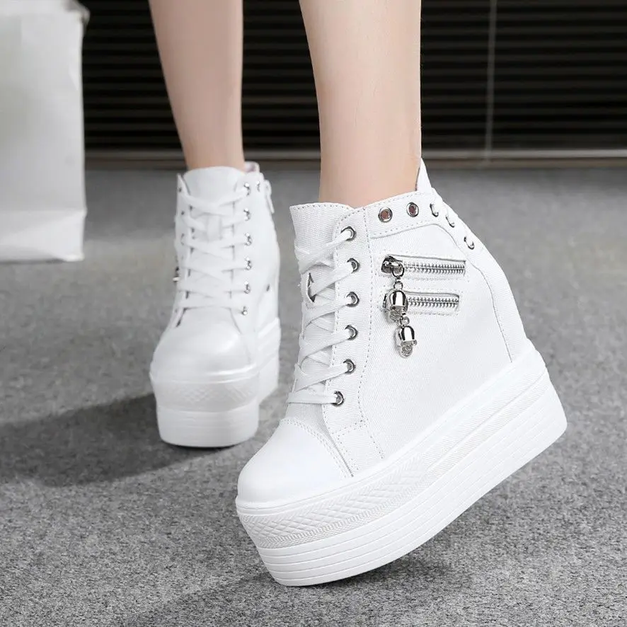 2022Fashion sneakers womens Leather height increasing boots women high heel black white bling zipper Platform wedge shoes