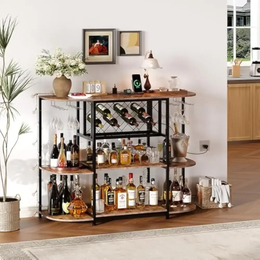 

Wine Bar Rack Cabinet w/Power Outlet & LED Lights, 4-Tier Storage Home Bar Cabinet Table, Freestanding Wine Racks & Glass Holder