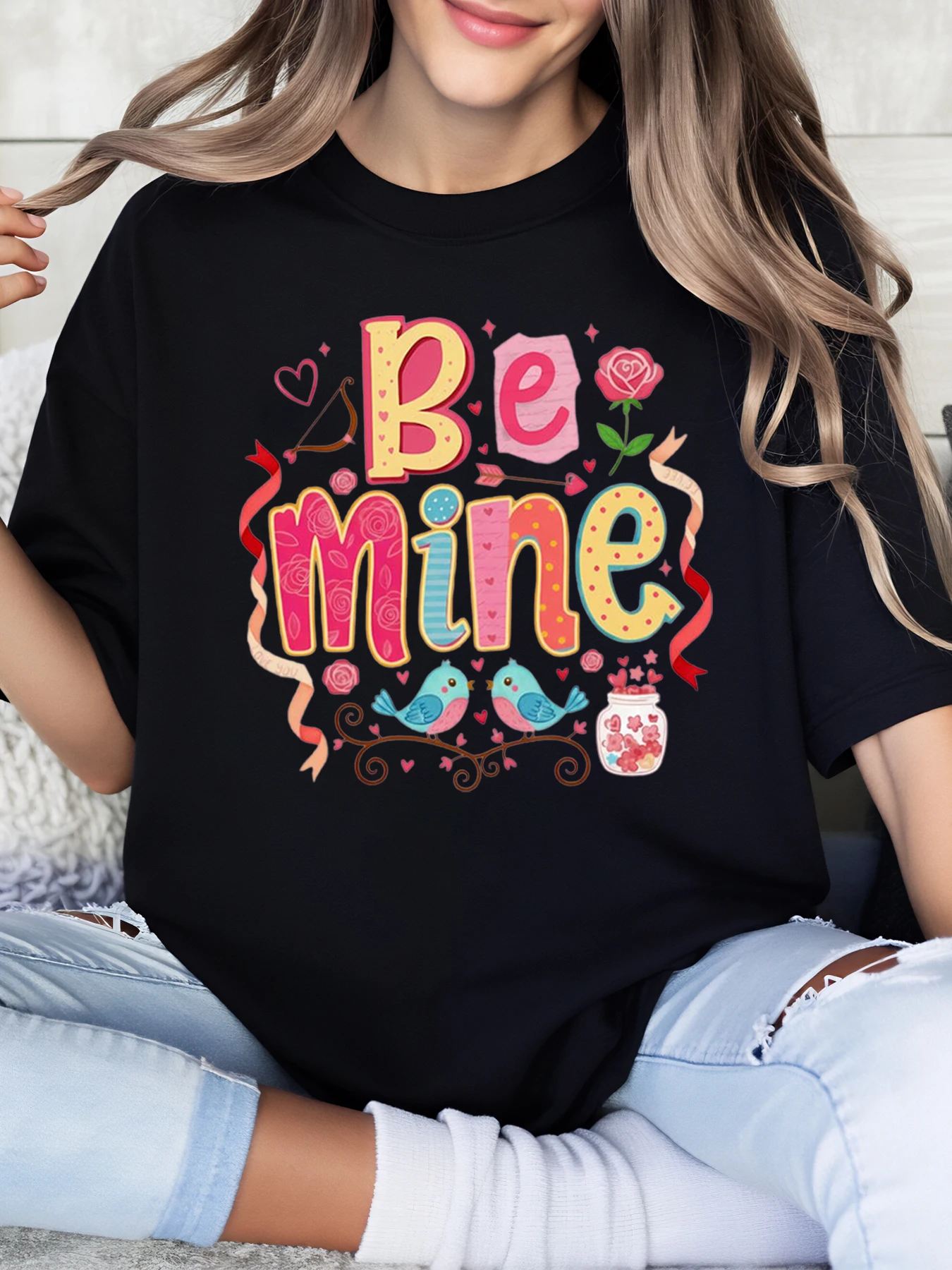 

Be Mine Valentine's Day Printed T-Shirt Women's Casual Wear for Valentine's Day Black Plus-Size
