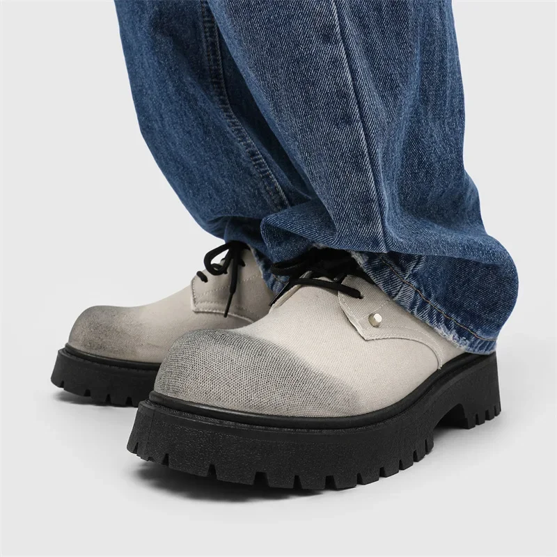 

Retro New Flat, Low-top, Lace-up Thick-soled Height-increasing Men's Shoes, British-style Polished Large-head Leather Shoes