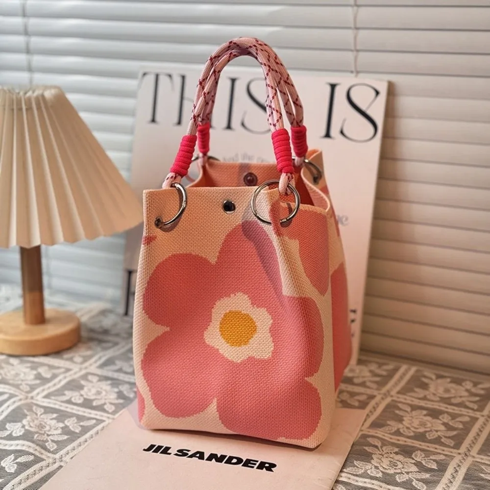 

Fashion Cartoon Knitted Bucket Bag Handmade Large Capacity Shoulder Bag Woven Ring Buckle Wrist Bag for Women Girls