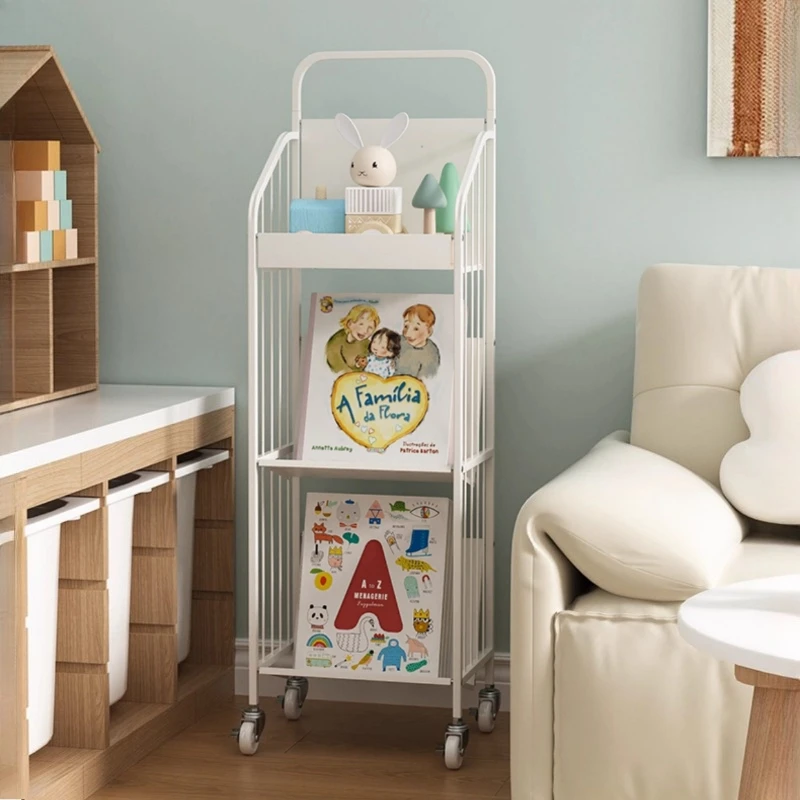 Mobile white bookshelf small Floor-to-ceiling Household simple magazines holder wheeled metal подставка для книг home furniture