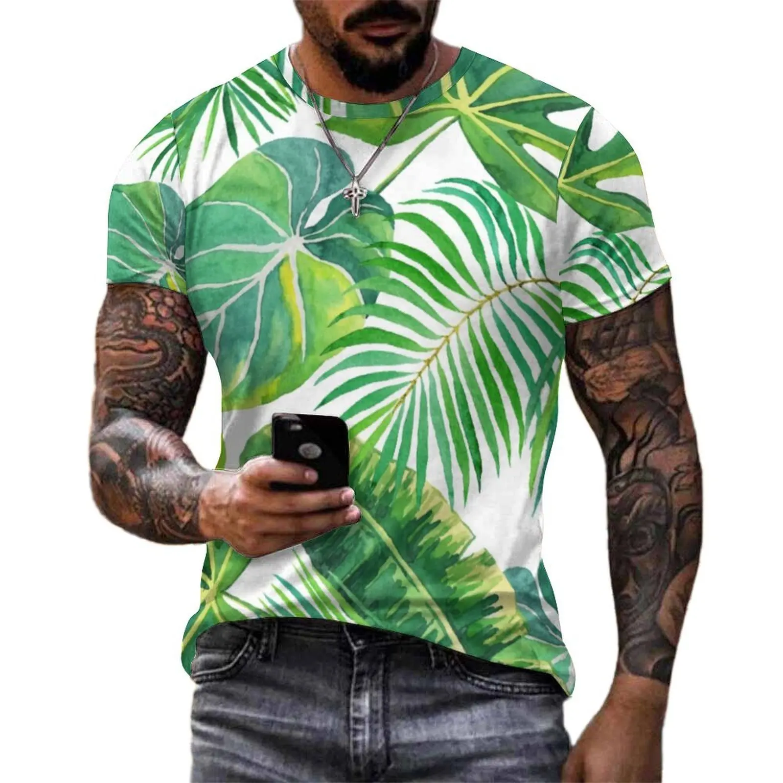 Mens Tropical Leaves T-Shirt Hawaii Beach Modern Popular T-Shirts Short-Sleeved Tshirt Cheap Summer Casual Big Size Clothing