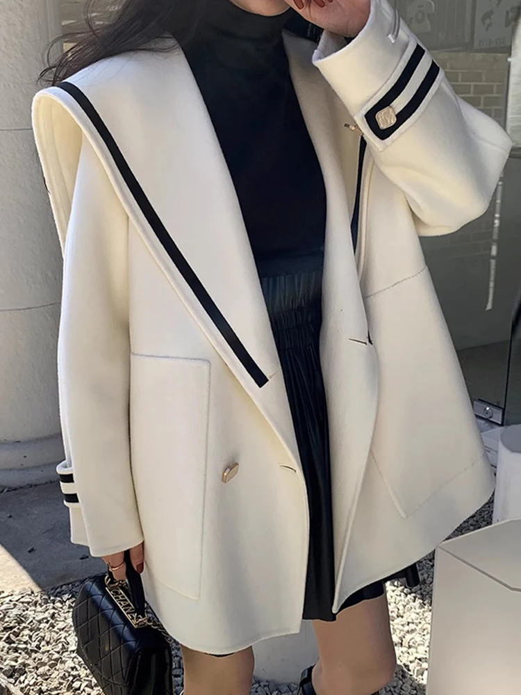 

Chic Autumn Winter Vintage Navy Collar Double Breasted Loose Casual Woolen Coat for Women Commute Sle Long Sve