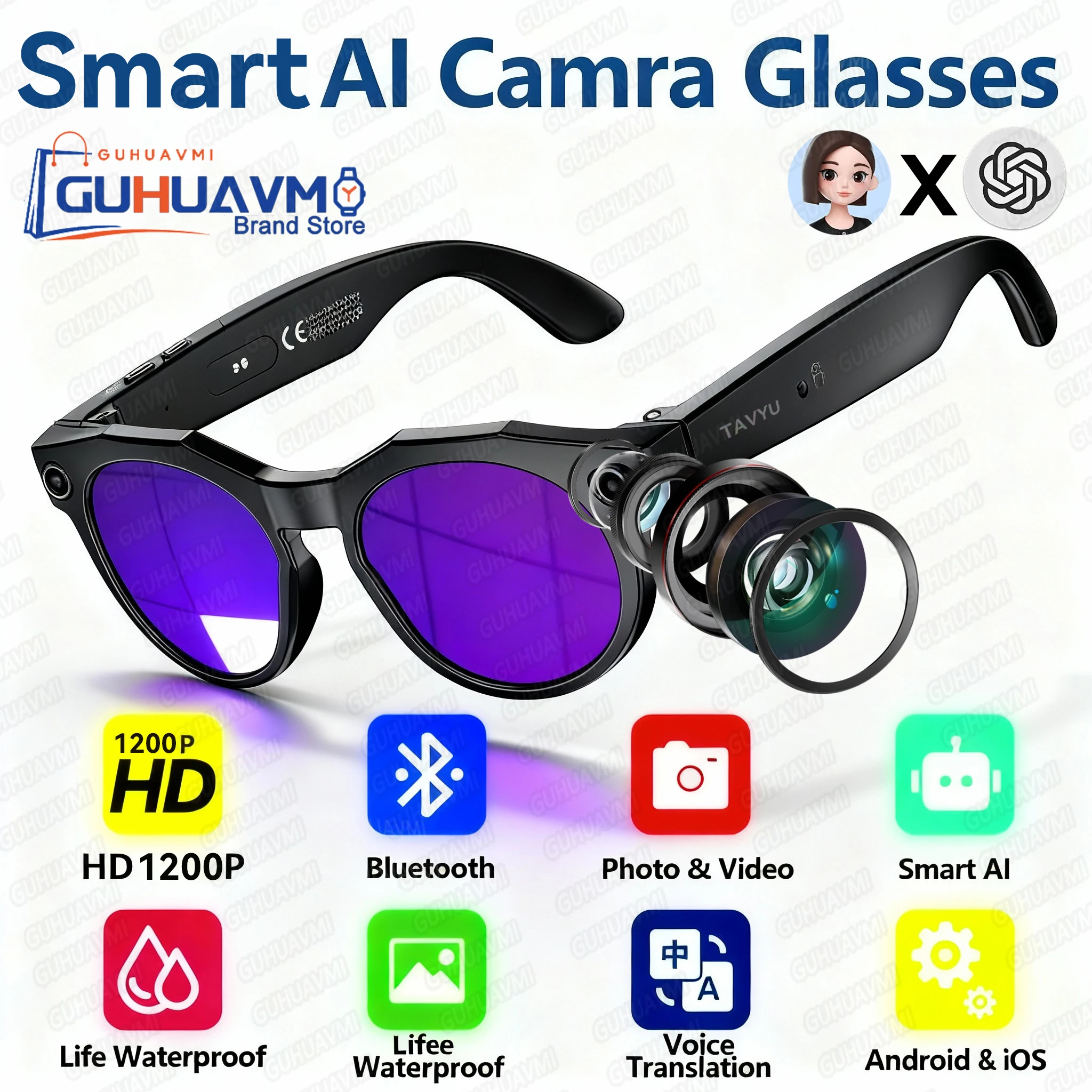 

2026 AI Smart Glasses Multifunctional Camera Color-Changing Bluetooth Call HD Voice Assistant Music Player Translation Glasses