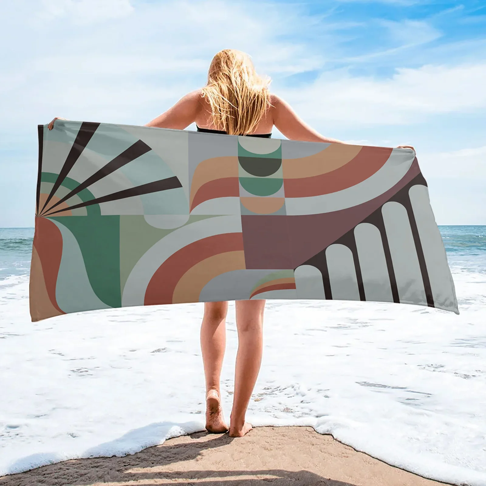 Retro Mid Century Abstract Pattern Beach Towel Quick Dry Microfiber Towel Beach Blanket for Adults Kids Outdoor Picnic Blanket