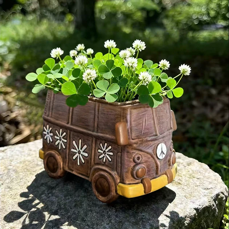 Fun Retro Hippie Bus Resin Plant Pot Van Shaped Succulent Planter Gift for Plant Lovers Gardeners Vintage Home Decor Enthusiasts