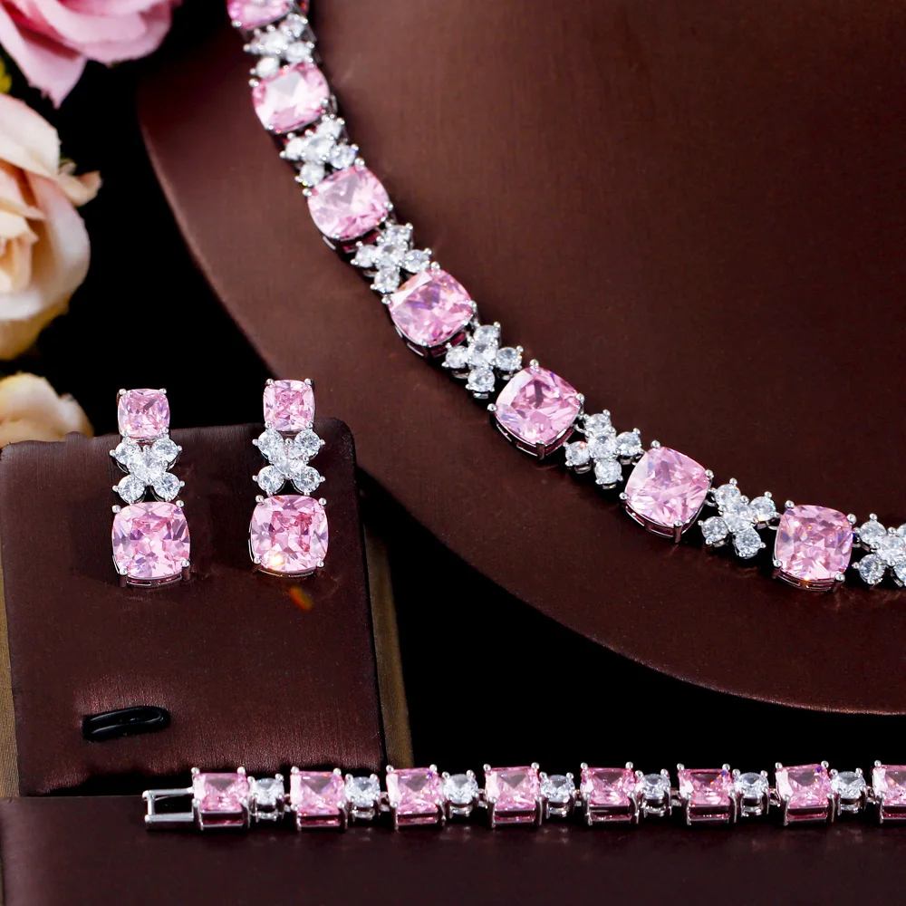 CWWZircons Real Cubic Zirconia Paved Square Pink Necklace Luxury 4pcs Bridal Wedding Banquet Dress Jewelry Sets for Women T664