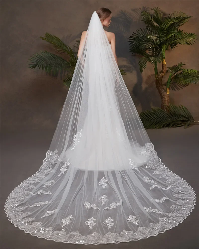 

Sequined Lace Appliqued Wedding Veil Bridal Veil With Comb Cathedral Long Tull Veils Bridal Accessories