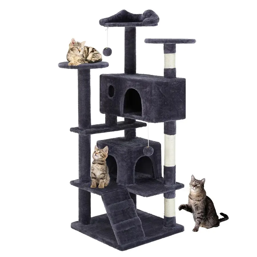 

54inch Indoor Cat Tree Tower MultiLevel Pet House for Large Cats with 2 Condos, Scratching Posts, Round Platform, Small Ladder,