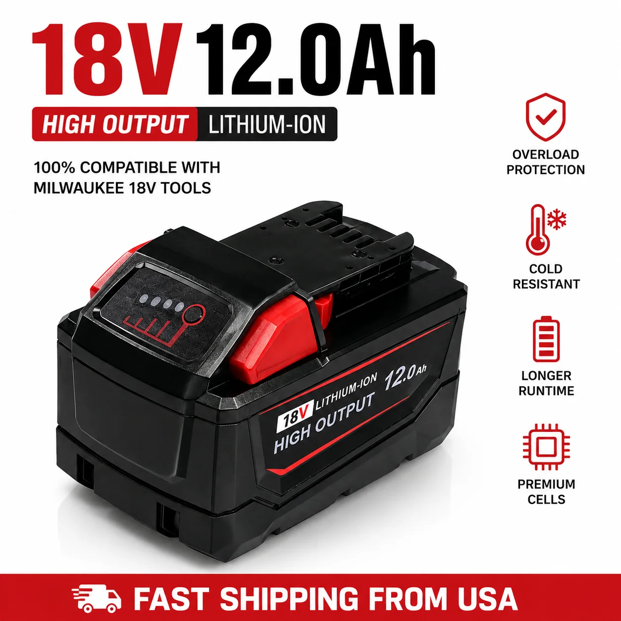

Аккумулятор 18В 12.0Ач 15-элементный (1/2/4 шт.) для Milwaukee M18, совместим с 48-11-1890, 48-11-1850