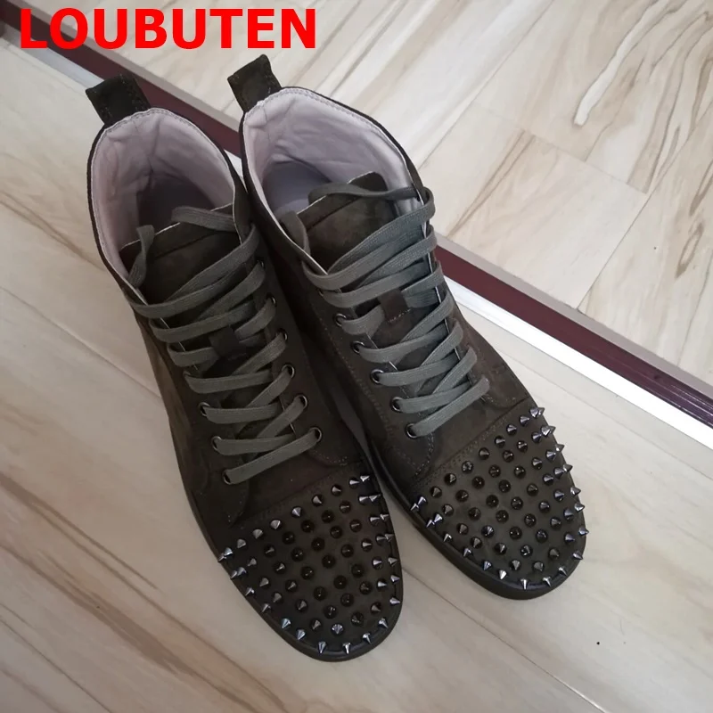 LOUBUTEN Green Suede Leather Men Spikes Sneakers Luxury Fashion High-top Casual Shoes Handmade Lace-up Red Bottom Rivet Shoes