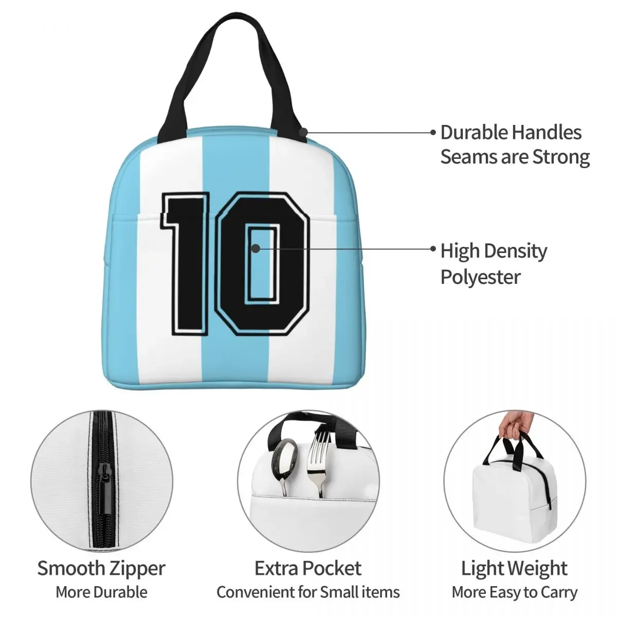 D10S Argentina 86 Insulated Lunch Bag Maradona Football Soccer 10 Rip Meal Container Thermal Bag Tote Lunch Box Work Travel