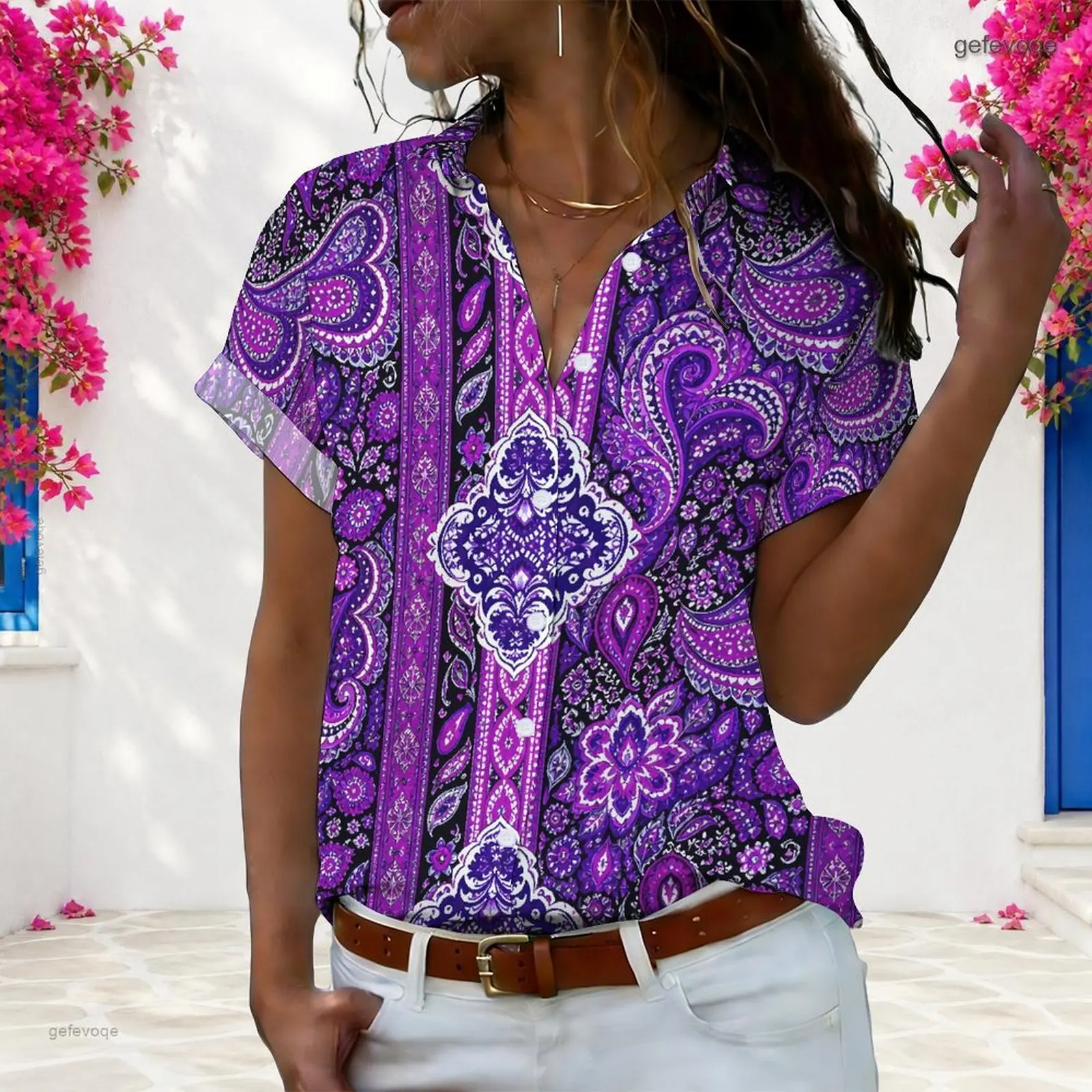 Women Purple Paisley Floral Printed Short Sleeve Collared V Neck Button Front Shirt