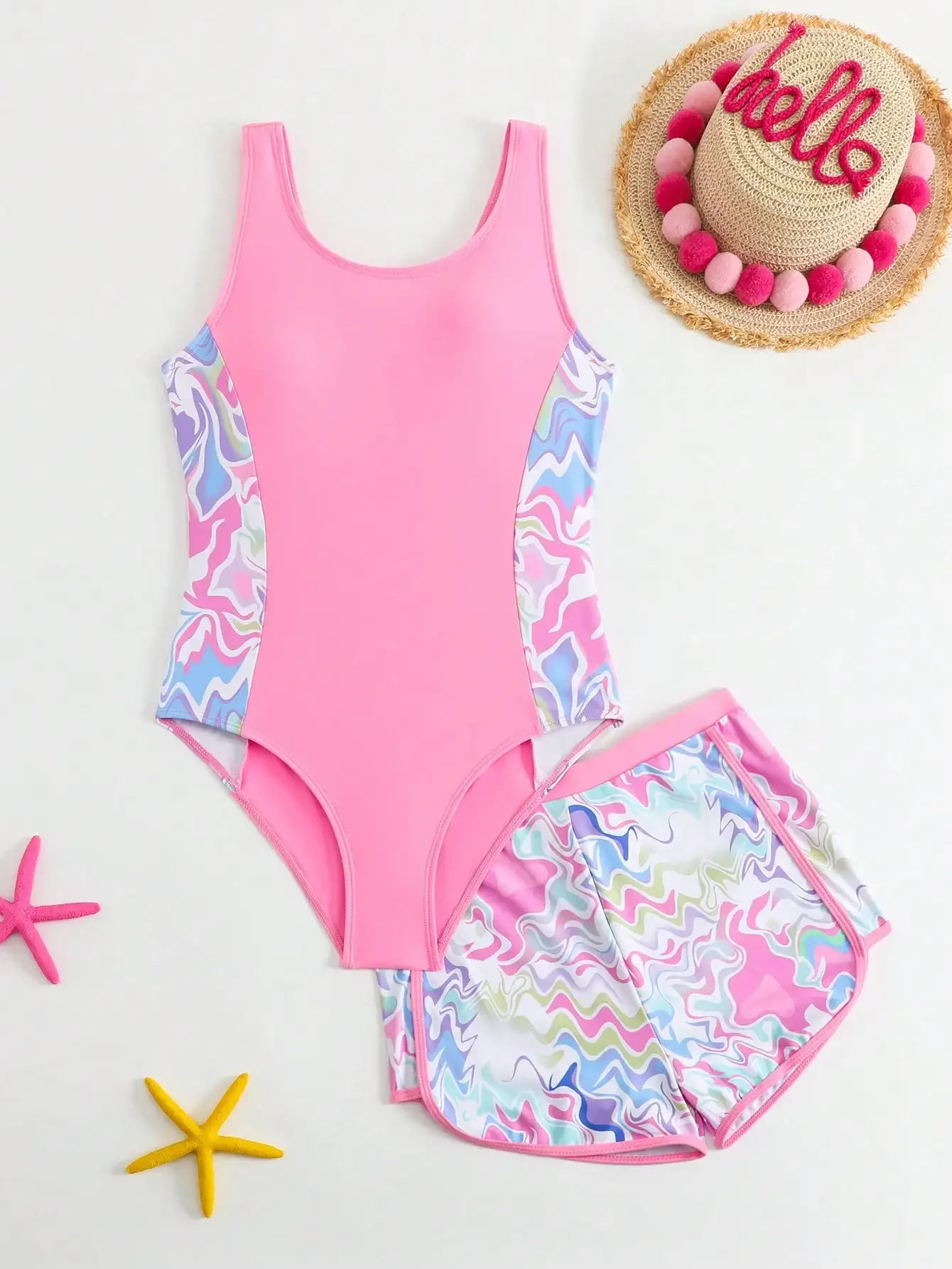 

Women Marble Print One-Piece Swimsuit With Matching Shorts