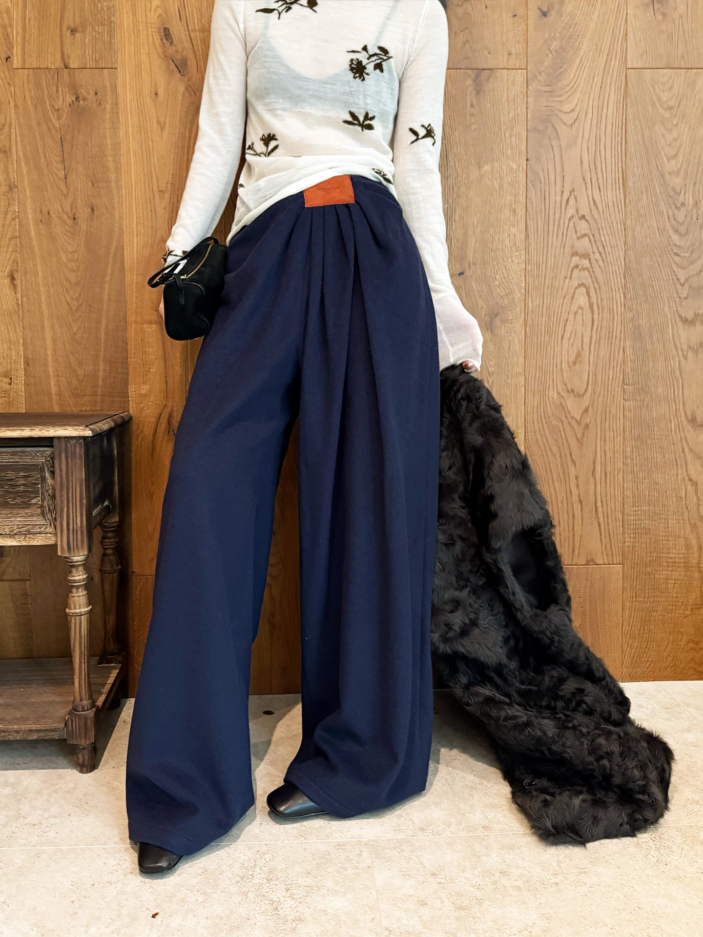 

Buue Tibetan Design Wool Blend Casual Wide Leg Pants Women's Korean Sle Loose Fit High Waist Straight Cut Trousers