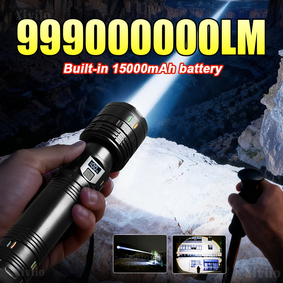 

9990000000LM мощный светодиодный фонарик USB перезаряжаемый цифровой дисплей мощности тактический фонарь для кемпинга, рыбалки, зум-фонарь
