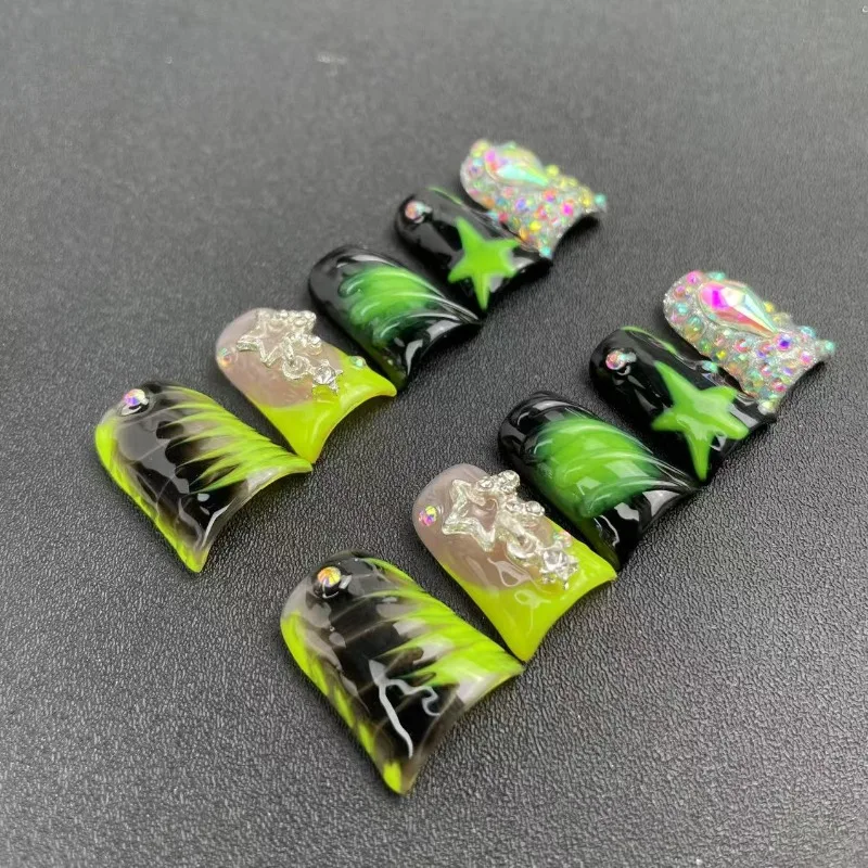 

10pcs Y2K Duck Press on Nail Green Leopard Print False Nail Tips Diamond Metal Accessories Decor Design Wearable Fake Nails