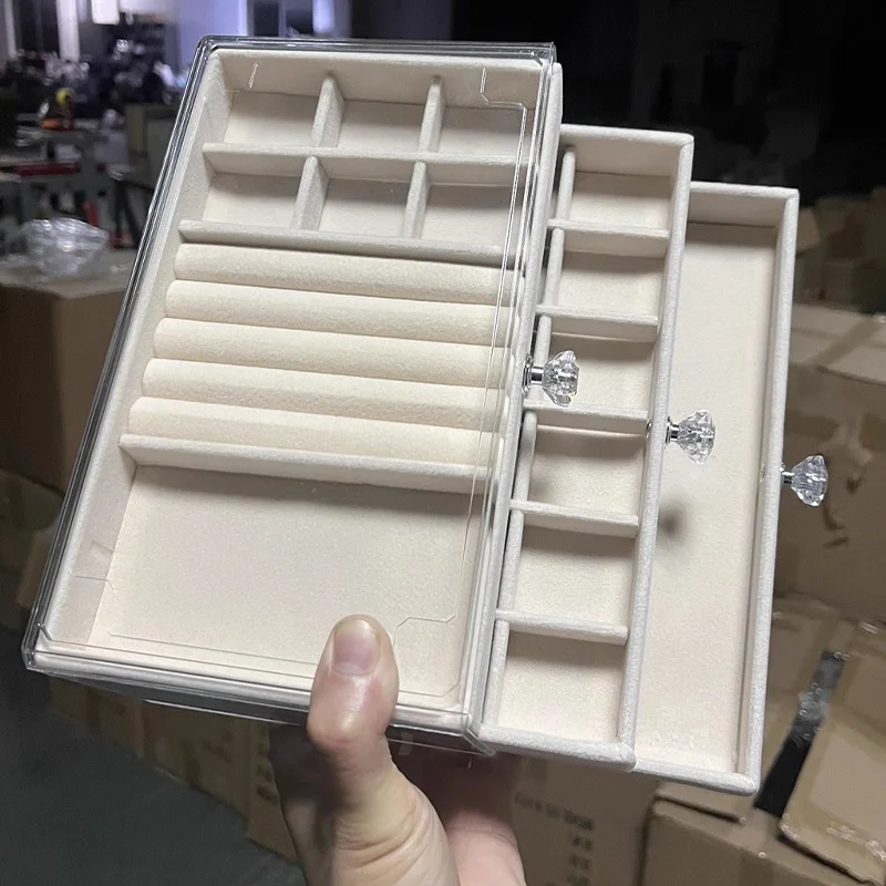 

Fashion New Jewelry Box Multi Layer Beige Velvet Jewelry Box for Women Acrylic Dust-proof Fleece Exquisite Rings Storage Boxes