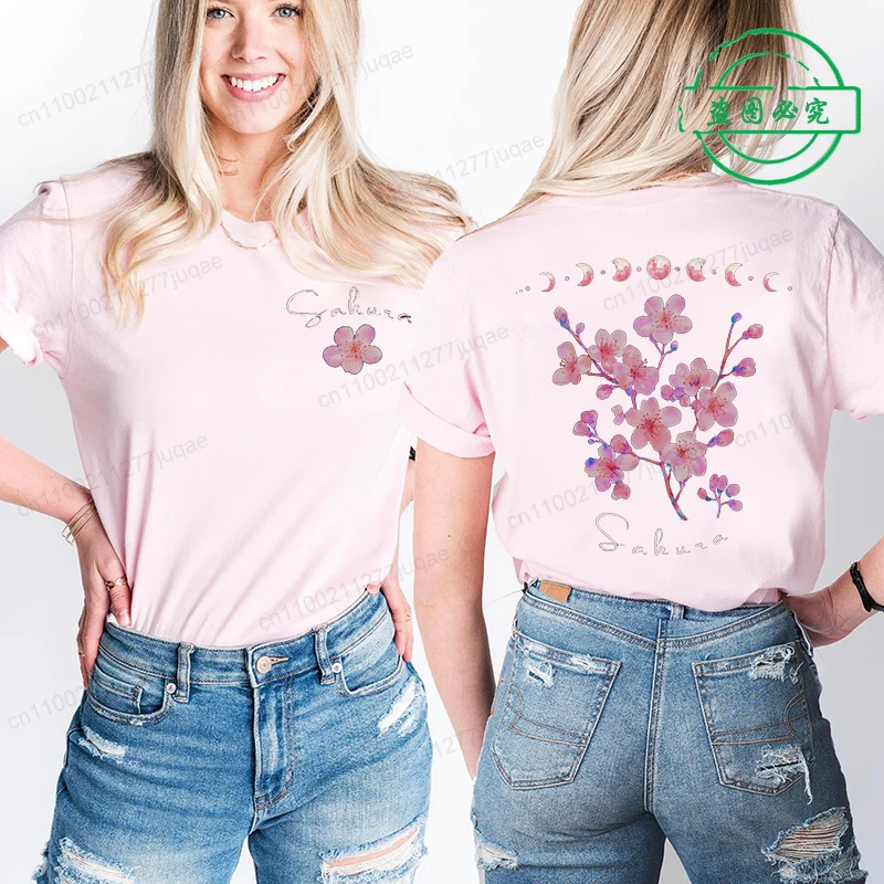 Women's T-shirt Clothes Sakura Cherry Blossom Printed T-shirt Summer Harajuku Women's Pink T-shirt Clothing New Fashion Brand