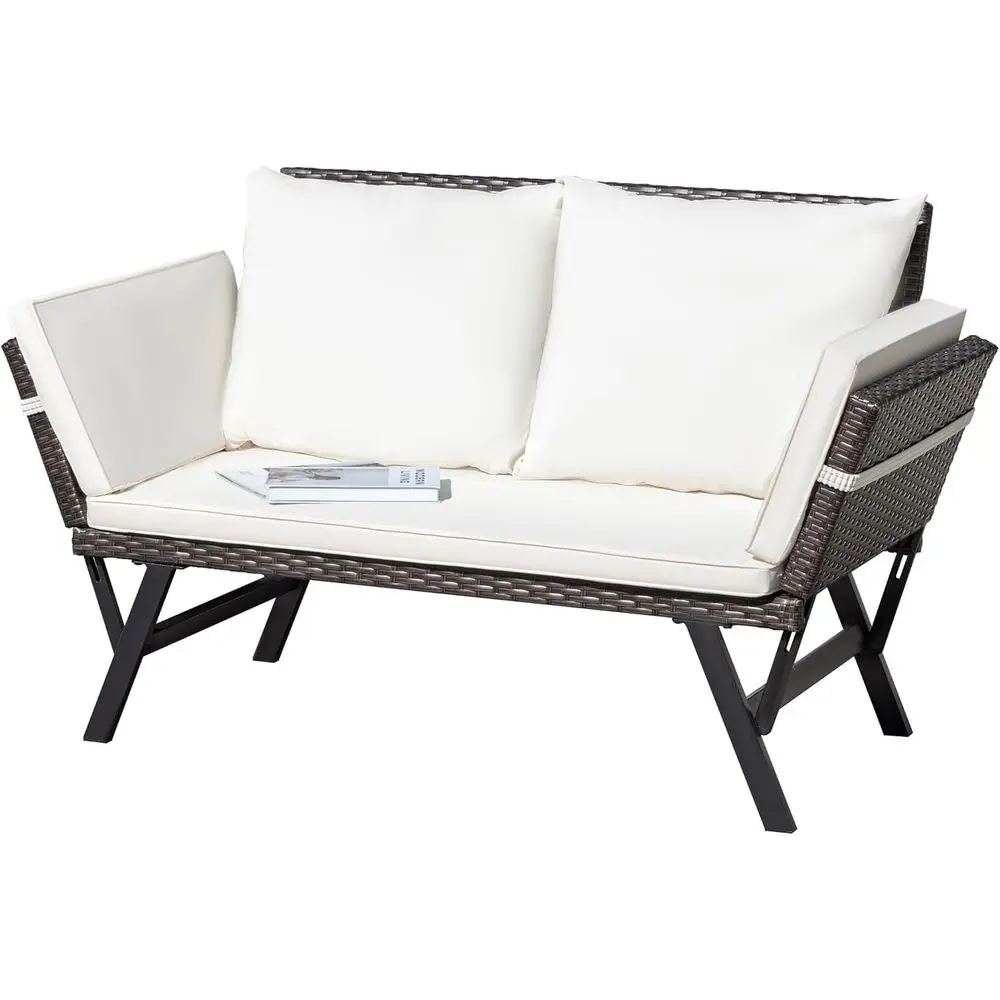 

Rattan Patio Furniture: Convertible Daybed or Double Chair with Cushions, Pillows, and Adjustable Armrests for Outdoor Spaces