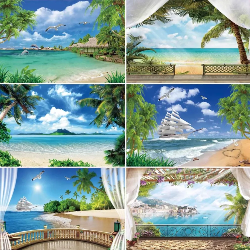 Blue Ocean Beach Backdrop Tropical Summer Photography Background Sunset Seaside Palm Tree Wave Sand Photobooth Photozone Props