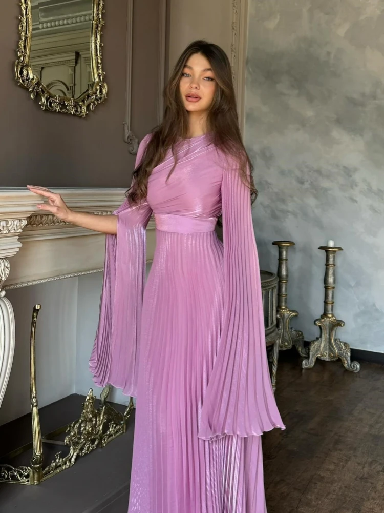 Sexy O Neck Batwing Sleeve Pleated Long Dress Women Rose Pink Long Sleeves Lace-up Floor-Length Dresses Evening Party Prom Gowns