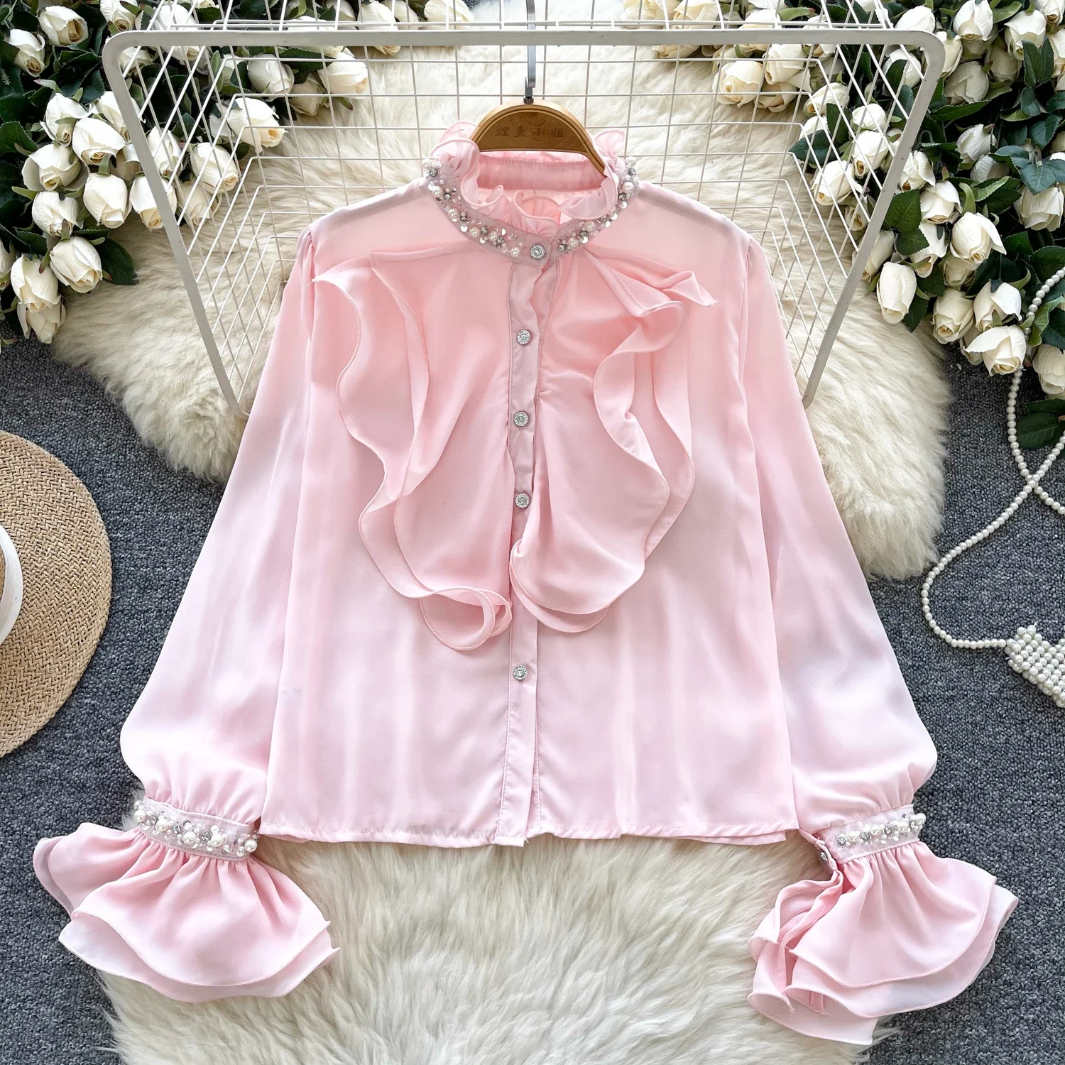 Women Stand Collar Petal Sleeves Elegant Ruffles Rhinestone Slim Single Breasted Top French Streetwear High Street Autumn Blouse