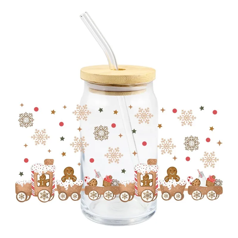 3D UIV DTF Christmas Transfer Sticker Wraps Cup DIY Waterproof Gingerbread Man For 16 OZ Libbey Glass Cup High Quality