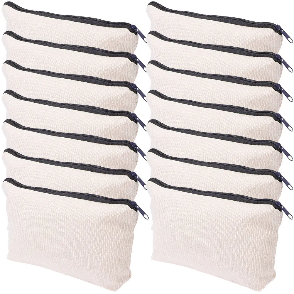 14Pcs Beige Canvas Pencil Case Blank Aesthetic Makeup Bag Small Zipper Pouch for Travel Cosmetics Samples Lipstick Mascara