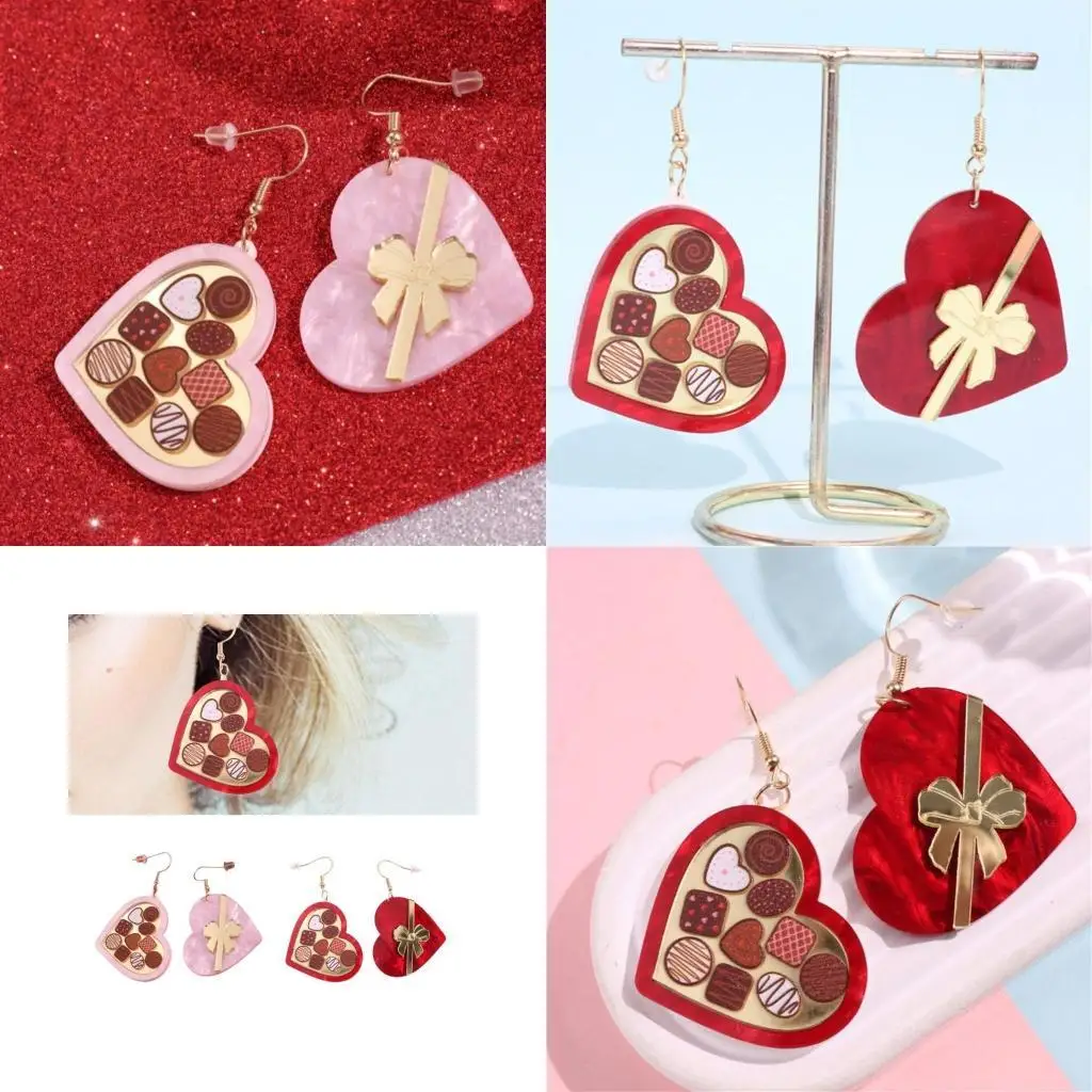

A52E Elegant Heart Gift Box Earrings with Bowknot Acrylic Valentine's Day Accessories