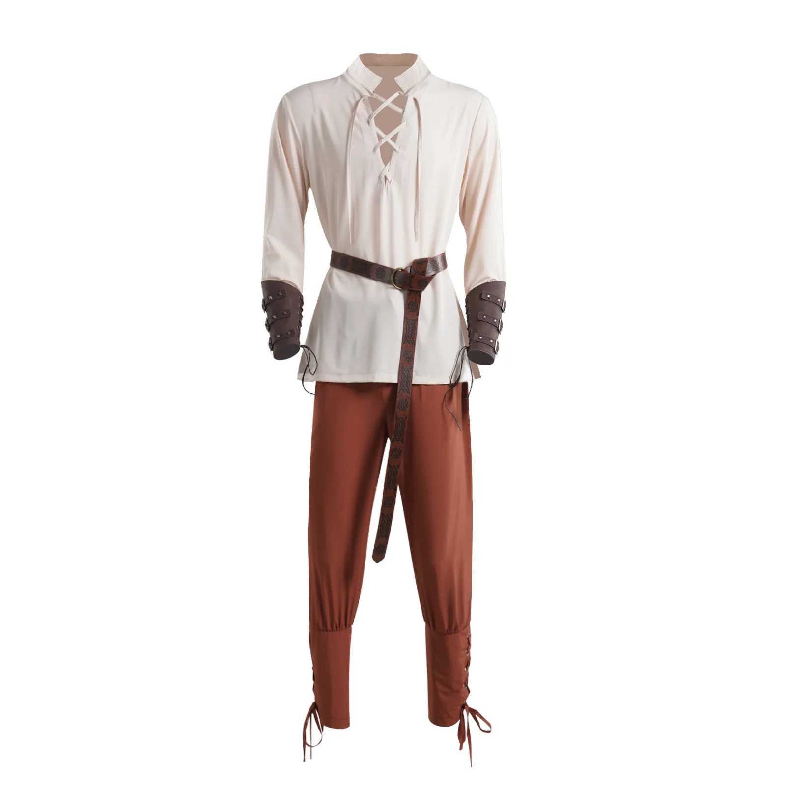

4 Pcs Halloween Men's Renaissance Costume Set Medieval Pirate Shirt Ankle Banded Pants Viking Belt Accessories