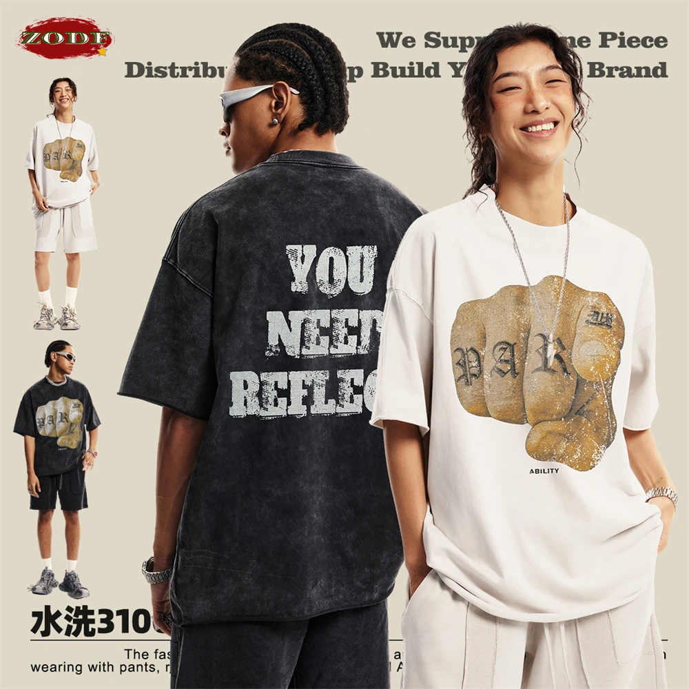 

ZODF Chic Summer Hip Hop Printing T-Shirts For Men Unisex Retro Washed 310gsm Cotton Comfortable T Shirt Tees HY0861