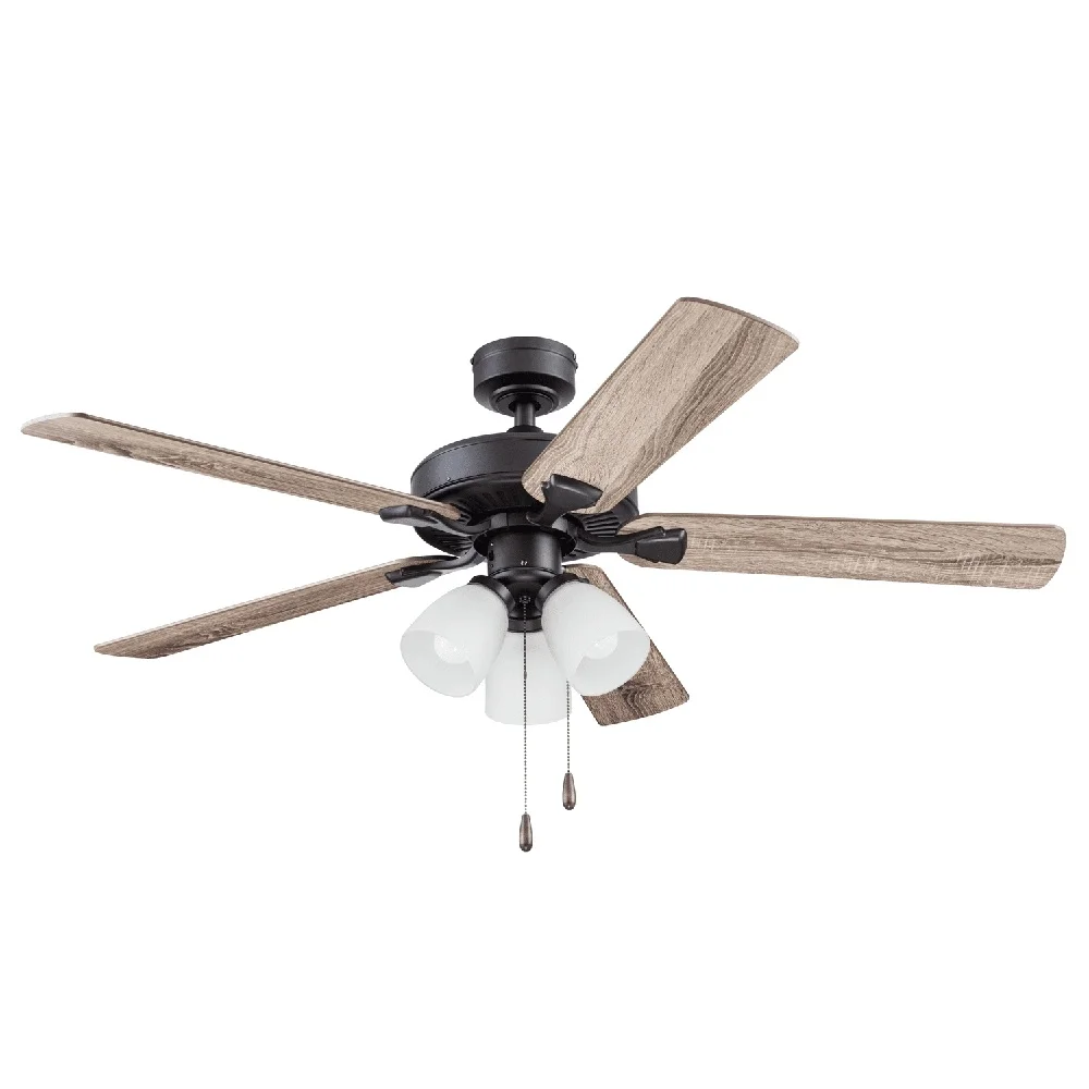 52 Inch Rustic Ceiling Fan with Frosted Glass Light Kit Reversible Motor Pull Chains Dual Finish Blades Large Rooms