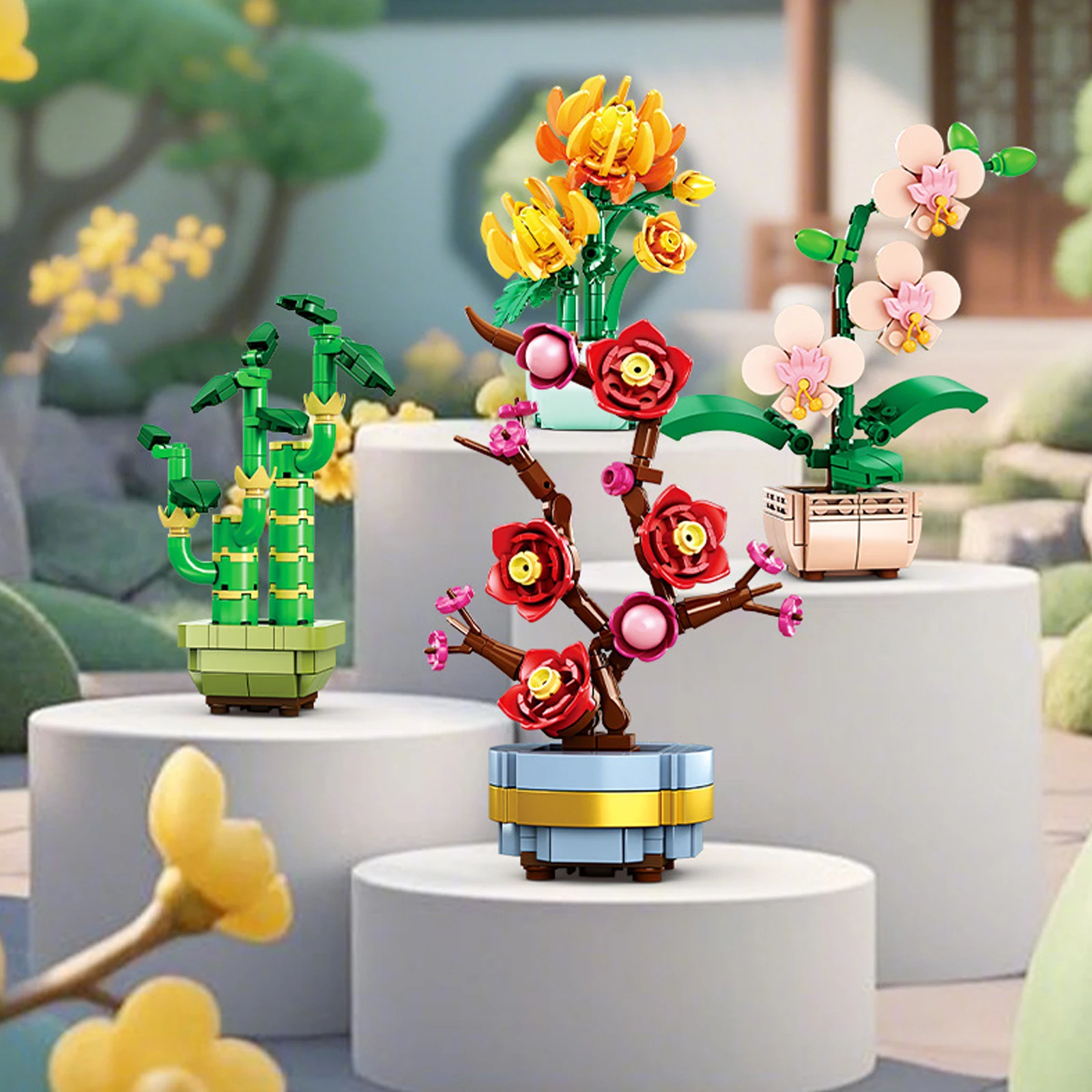 MOC 화분에 심은 식물 매화 난초 대나무 국화 빌딩 블록 시뮬레이션 꽃 홈 장식 어린이 수제 장난감 소녀 선물