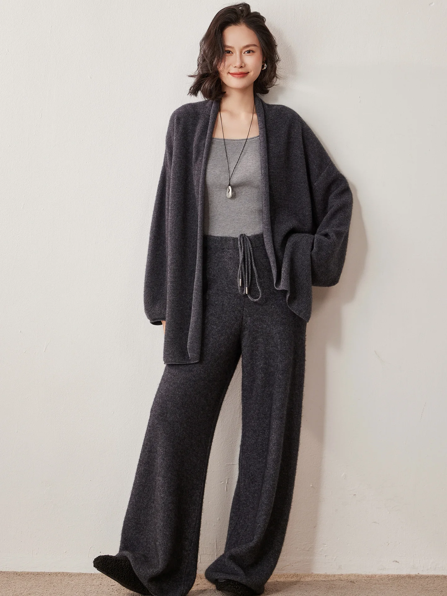 Autumn Winter 100% Cashmere Suit Women's Cardigan Knitted Sweater Soild Tops High Waisted Wide Leg Pants Sets High-end Comfort