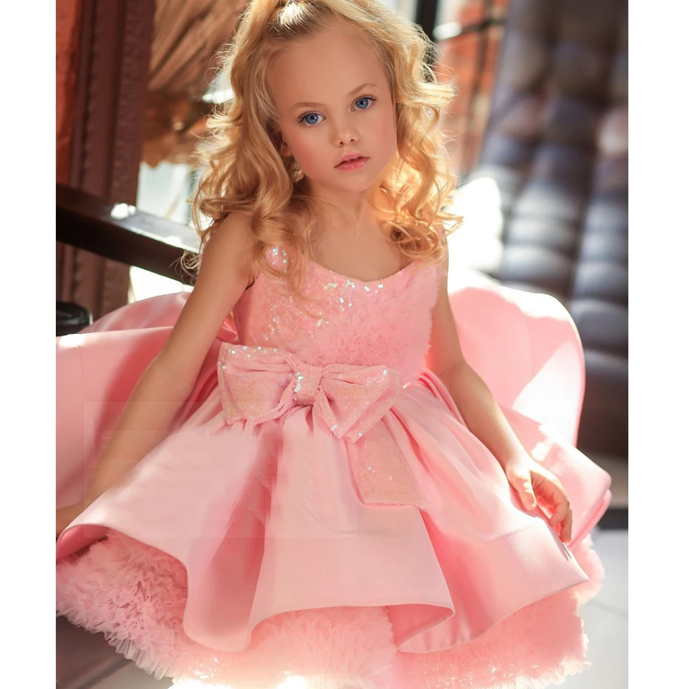 

2023 Princess Pure Color Flower Girl Dress Sleeveless Pink Sparkly Sequined Kids Birthday Outfits Cute Daughter Party Ball Gowns