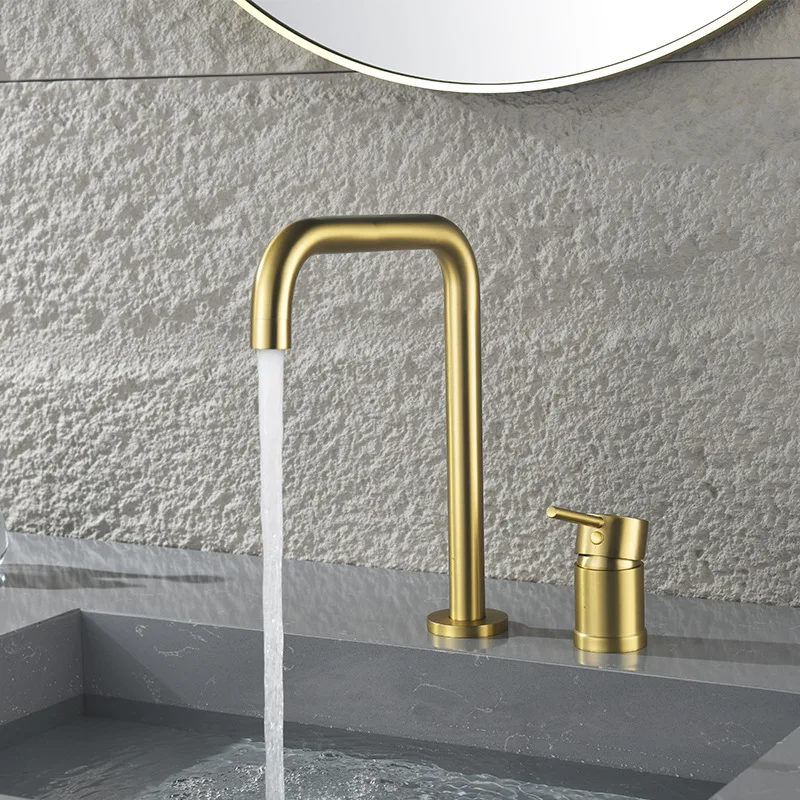 Water faucet with brushed gold finish, double-hole, single-handle, cold/hot dual-function, copper deck-mounted basin faucet