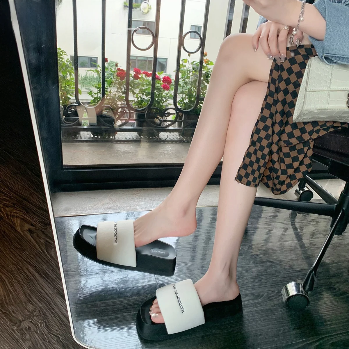 

FAD Z Women's Summer Outdoor Slippers Thi Heel Sweet Sle PU Leather Slip-On Sandals Anti-Slip Rubber Sole Comfortable