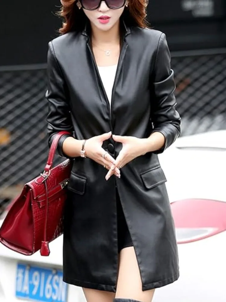 الربيع والخريف المرأة الجديدة البدلة الجلدية طوق معطف سترة بو منتصف طول سترة واقية من الجلد سليم عادية